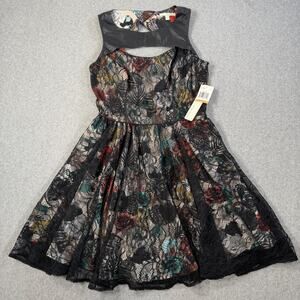 CHORD Juniors Size 7 Black Multi-Color Floral Lace Sleeveless Fit & Flare Dress